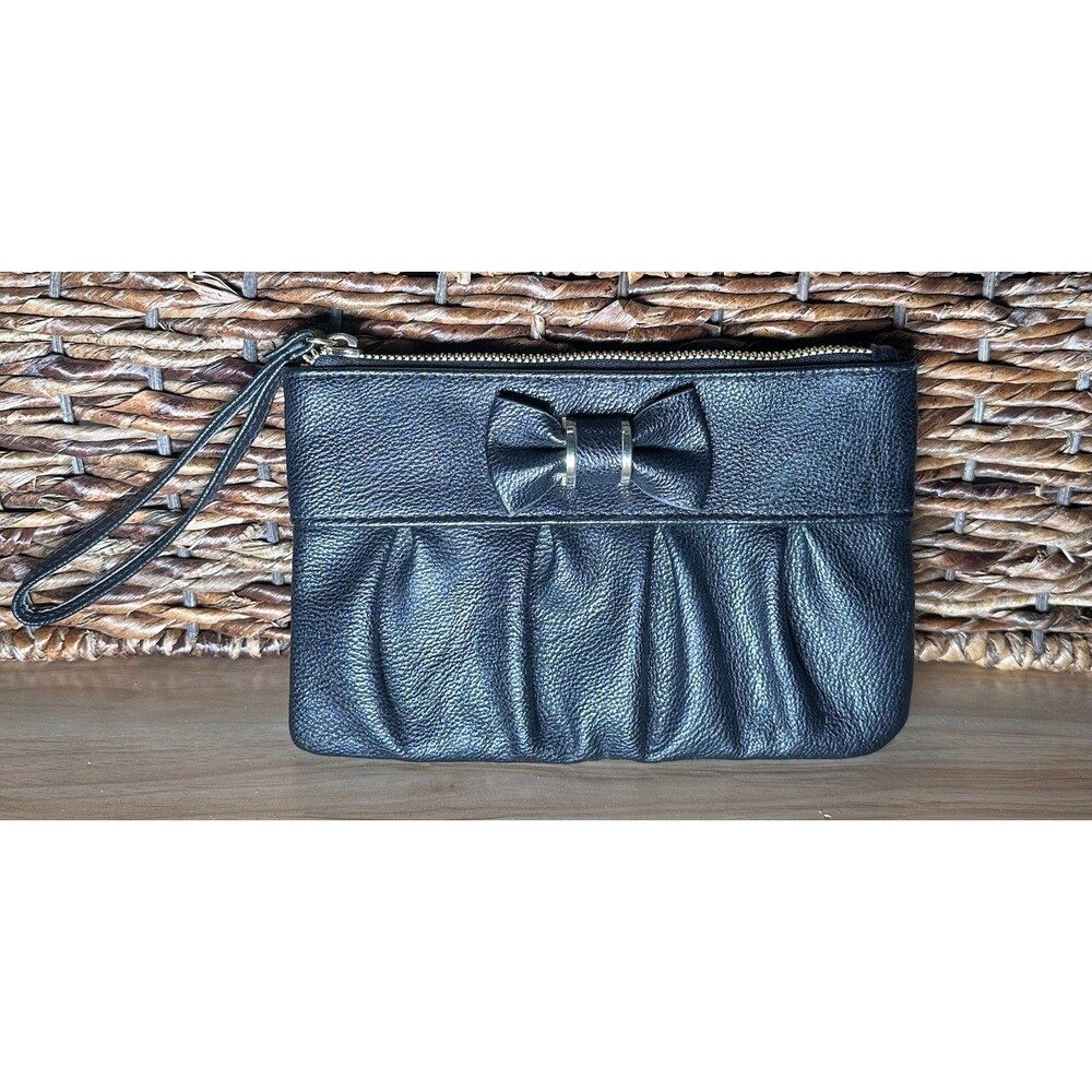 Safe Keeper Wrislet Bow Black Faux Leather Clutch Purse Bag Zip Pockets NWOT